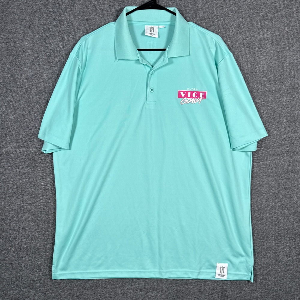 Monster Energy Ultra Vice Guava Polo Shirt Men XL Teal Short Sleeve Golf Graphic